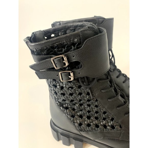 Free People Boots Asher Ankle Black Leather Weaved Side Combat Moto 38 / 7.5 NEW - Picture 4 of 9